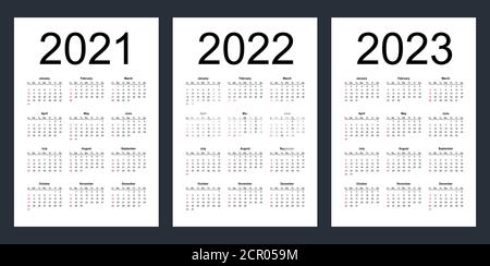 Einfache editierbare Vektorkalender für die Jahre 2021, 2022, 2023. Woche beginnt ab Sonntag. Vertikal. Isolierte Abbildung. Stock Vektor