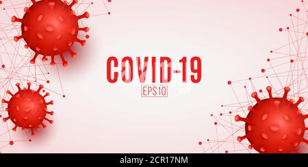 Covid-19 medizinisches Banner mit realistischen roten 3D-Bakterien Coronavirus. Chinesische Pandemie. Gefährliche zelluläre Infektion. Wissenschaftlicher Hintergrund für Ihre des Stock Vektor