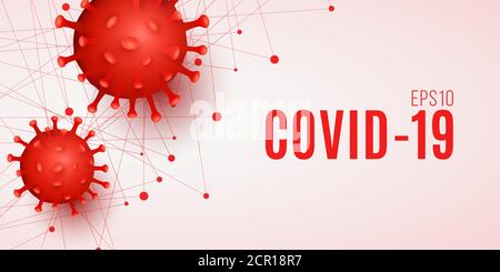 Medizinisches Banner für die chinesische Pandemie Covid-19 mit realistischen roten 3D-Bakterien Coronavirus. Gefährliche zelluläre Infektion. Wissenschaftlicher Hintergrund. Vect Stock Vektor