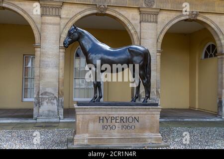 Statue von Hyperion von John Skeaping in Bronze an der Vorderseite des Jockey Club Hauptsitzes in der High Street, Newmarket, Suffolk, Großbritannien. Stockfoto