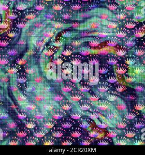 Verschwommener Regenbogen Glitch künstlerische florale Textur Hintergrund. Unregelmäßige Blutung Aquarell Krawatte Farbstoff nahtlose Muster. Ombre verzerrte Boho Blume ganz Stockfoto