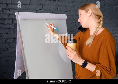 SMM-Manager schreibt auf einem Flipchart und hält eine Tasse Kaffee Stockfoto