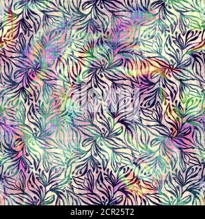 Verschwommener Regenbogen Glitch künstlerische florale Textur Hintergrund. Unregelmäßige Blutung Aquarell Krawatte Farbstoff nahtlose Muster. Ombre verzerrte Boho Blume ganz Stockfoto
