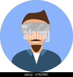 Ein Zeichentrickfigur Mann mit Virtual Reality Brille flache Ikone. Stock Vektor