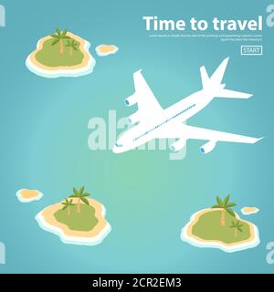 Isometrische Landschaft Illustration der Insel Text Inschrift Jet plane Meer. Stock Vektor