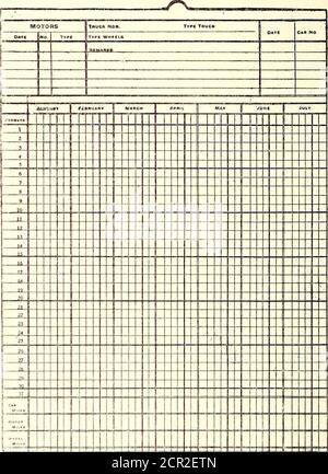 . Electric Railway Journal . rhouse wird von den Leiterinnen und in der Auditing-Abteilung verwendet, wenn Berichte arechecked. Für jedes Autohaus werden gedruckte Karten angefertigt; sie zeigen die Streckenmeilen zwischen allen Punkten an, an denen die Autos zurückgeschlagen werden können, und jeder Überfahrt. Die Leiter werden durch die Verwendung der Karten in die Lage versetzt, ihre Kilometerleistung bei jeder Fahrt genau zu berechnen. Aus den täglichen Berichten der Leiter aller milegemade, nach Überprüfung in der Auditing-Abteilung, gibt es eine Karte Datensatz für jedes Auto aufgeführt. Dieser Rekord, von dem eine Seite hiermit reproduziert wird, wird jedes Jahr berechnet und zeigt die Zahl an Stockfoto