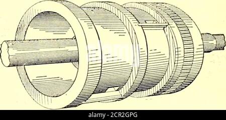 . Die Straßenbahn Zeitschrift . ABB. 2. – QUERSCHNITT DES WARRENROTARY-MOTORS ABB. 1.-WARREN DREHMOTOR DIREKT ANGESCHLOSSEN TOELECTRIC GENERATOR Ende, und der Durchmesser des Kolbenrads, wie über die Bahn, Flansche und Flügel gemessen, ist konisch zu entsprechen. Thesteam wurde in das Innere des Kolbenrades aufgenommen und durchläuft die Öffnungen entlang der Schaufeln in die Räume zwischen Trommel und Gehäuse und treibt so die Trommel an. Die geringe Differenz des Durchmessers an den Enden der Pistole bewirkt einen moderaten Endabtrieb, der dazu neigt, das gezapfte Rad weiter in die konische Bohrung des Heckens zu zwingen Stockfoto