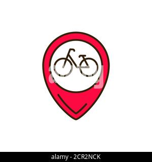 Standort Fahrrad Farbe Linie Symbol. Vermietung von öffentlichen Verkehrsmitteln. Freigabedienst. Piktogramm für Web, mobile App, Promo. UI-UX-Designelement. Bearbeitbare Kontur. Stock Vektor