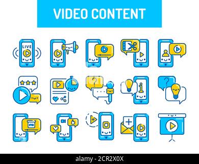 Benutzerdefinierte Farbsymbole für Videoinhalte eingestellt. Zeichen für Webseite, mobile App, Schaltfläche, Logo. Vektor isoliertes Element. Bearbeitbare Kontur. Stock Vektor