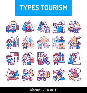 Typen Tourismus Linie Farbe Symbole gesetzt. Nette Charaktere auf Reise kawaii Piktogramme. Zeichen für Webseite, mobile App, Schaltfläche, Logo. Vektor isoliert Stock Vektor