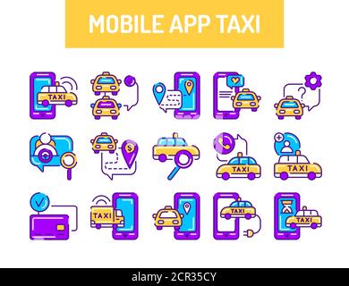 Online mobile Anwendung bestellen Taxi Service Farbe Linie Symbole gesetzt. Piktogramm für Web, mobile App, Promo. UI-UX-Designelement Stock Vektor