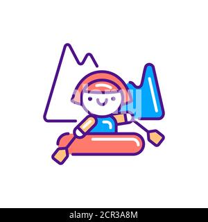 Nettes Mädchen Rafting Linie Farbe Symbol. Outdoor-Aktivitäten Kawaii Piktogramm. Registrieren Sie sich für Webseite, mobile App, Schaltfläche, Logo. Vektor isoliertes Element. Editierbar Stock Vektor