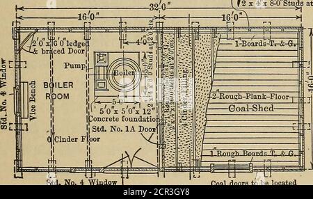 . Eisenbahnstrukturen und Schätzungen . ^6Flatted Cedar Sills 2olg. Bei iocts, FRONT ELEVATION ( J^Drop Siding  / Yi Drop Siding JlaipaperAlRoush Boards T. &,G.[ f2x4x 8-0StudB bei 2-0( 6 hatted Cedar Sill2-0at-4-0cts. Krawatte bei 4ct5. BetonunterboilePCROSS ABSCHNITT A-B. Std. No. 4 WiDJlow JL2 Bacyy Coal Türen zu befinden 2x4 Brace■mit Raference zu Kohle Lieferung- Stockfoto