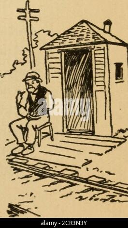 . Schalten Sie Lichter . h klickety Klicks der Welt w^e erwachen, während klickende Klanken füllen alle mit Jubel,wie weiter schwingen wir mit tausend Echos, die das Lied der Mai-Zeit hier singen. SCHALTERLEUCHTEN. 13 KBE Caetk bei der Eisenbahn* dort unten an der belebten Gleise, wo die Triebwerke klingeln, und das Geschrei des Zuges ist zu hören, Und das Lied des Rades ist sungStands ein Schloss, in der Nähe der pochenden Linie, EIN Schloss, sechs von acht.wo Switchman Mike mit seiner alten Tonpfeife. Führt Passagiere und Fracht. Diese Burg dort – diese sechs mal acht – ist eine queersome kleine Hütte, mit einem undichten Dach und einem rostigen Pip Stockfoto