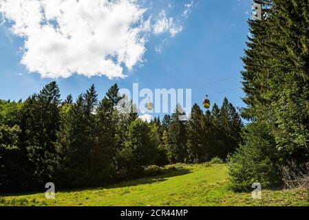 Zwei Gondeln der Belchenbahn schweben über dem Wald Stockfoto