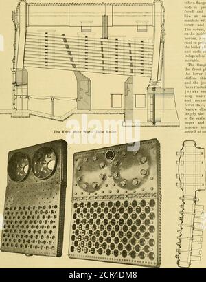 . Amerikanischer Ingenieur und Eisenbahnjournal. D Headerssind komplett aus geflanschtem Stahl gebaut. Die Fässer gelangen in die Schneidköpfe an ihrem gesamten Bereich, an den sie durch Flansche angeschlossen werden. Dadurch wird vermieden, dass die Fässer für die Verbindung der Schneidköpfe geschnitten werden müssen, und es entsteht eine feste Dampf- und Wasserverbindung zwischen allen Fässern ohne die Verwendung von Außenverbindungen. Der obere Kopf ist gegenüber jeder Trommel gewölbt, wodurch große, flache Oberflächen vermieden werden.die Rohre werden in die Innenseite des unteren Kopfsatzes erweitert, und gegenüber jedem Rohr ist ein geflanschtes Ovalloch vorgesehen, das wie ein ordinarymanho gegenübergestellt und montiert wird Stockfoto