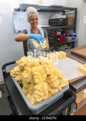 Verpackung Butter in ein Pfund Formen bei Golden Ears Cheese Crafter, Verkauf von Butter, Käse, Backwaren und Kunsthandwerk. Die Milchprodukte werden vor Ort mit Milch von den familieneigenen Milchkühen hergestellt. Gelegen in Maple Ridge, British Columbia, Kanada, südlich von Vancouver an der Kanada-US Grenze. Stockfoto