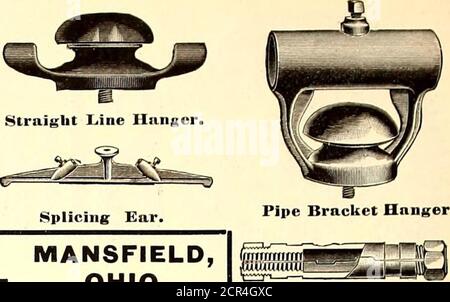 . Die Straßenbahn Zeitschrift . Anhängeranschluss.Teilungsisolator. Die Ohio Brass Co.,. MANSFIELD, OHIO. HERSTELLER ELEKTRISCHE BAHNZUBEHÖR, BAUMATERIAL, LINEDEVICES, AUTOGERÄTE.Schreiben Sie für illustrierten Katalog Nr., 2. Kabelverbinder Der Zuführung. Stockfoto