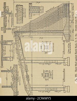 . Eisenbahnstrukturen und Schätzungen . am Westhang gebaute kombinierte Beton- und Holzschneehälle, die 3000 Fuß alte Holzschuppen ersetzen, kosten 500,000 Dollar. Beton Schneeschuppen, Great Northern Ry. - aufgrund der Gefahr durch Wald und andere Brände und schwere Wartung hat die Great Northern Railway feuerfeste Schuppen (ca. 4000 ft.) westlich des langen Tunnels in den CascadeMountains gebaut, wo die Rutschen ungewöhnlich schwer sind. Sie sind für zweigleisige und Stahlbetonkonstruktion, wie gezeigt, Abb. 101 und 102. Die Dachplatte ist für eine Last von 1100 lb. Und die Bea Stockfoto