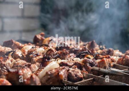 Schweinshash Kebab Rösten auf dem Grill. Grillparty. Nahaufnahme. Stockfoto