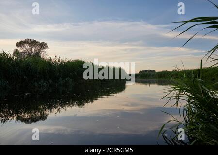 Deutschland, Mecklenburg-Vorpommern, Vorpommern, Recknitz, Landschaft, Flusslandschaft, Abend, Spiegelung Stockfoto