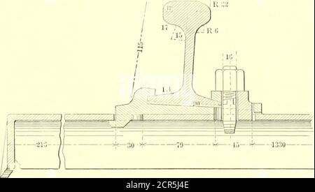 . Die Straßenbahn Zeitschrift . Seitenaufhebung der gewöhnlichen Verbindung außerhalb der Stadtgrenzen richtig und in den Vororten, Vignole oder T-Schienen, mit einem Gewicht von 21 kg. Bis 23.5 kg. Permeter, sind im Allgemeinen verwendet. Diese sind in der Regel auf Holzbinder montiert, oder, wie es bei der Postlingbergbahn der Fall ist, haben keilförmige Basen, die in Tie-Platten passen. Diese Konstruktion wurde in der Straßenbahn Jour-nal (Internationale Ausgabe) für Januar 1899 beschrieben. Schienen sind. Stockfoto