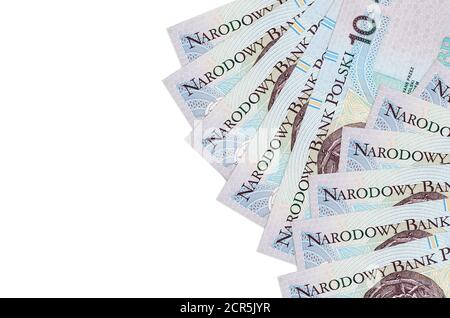 10 Polnische Zloty-Rechnungen liegen isoliert auf weißem Hintergrund mit Kopierraum. Reiche Leben konzeptuellen Hintergrund. Große Menge an Reichtum in der Landeswährung Stockfoto