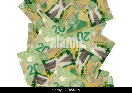20 Kanadische Dollar Scheine fliegen isoliert auf weiß. Viele Banknoten fallen mit weißem Kopieplatz auf der linken und rechten Seite Stockfoto