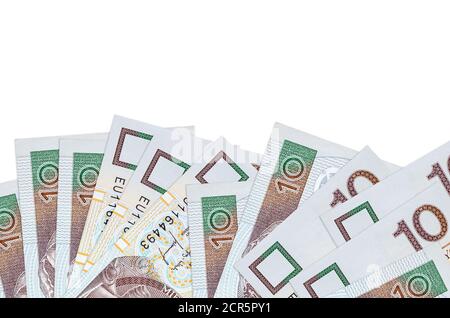 10 Polnische Zloty-Rechnungen liegt auf der Unterseite des Bildschirms isoliert auf weißem Hintergrund mit Kopierraum. Hintergrund-Banner-Vorlage für Geschäftskonzepte mit Stockfoto