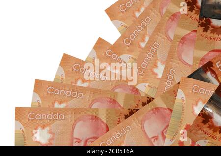 50 Kanadische Dollar Scheine liegt in unterschiedlicher Reihenfolge isoliert auf weiß. Lokales Bankwesen oder Geldverdienen Konzept. Banner für den geschäftlichen Hintergrund Stockfoto