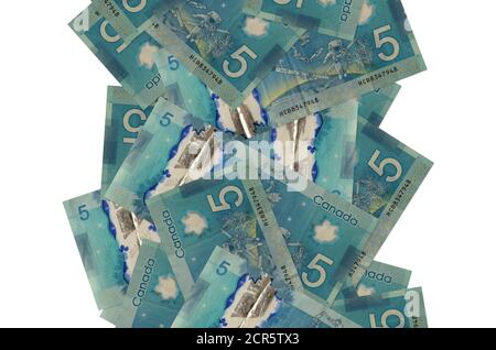 5 Kanadische Dollar-Rechnungen fliegen isoliert auf weiß. Viele Banknoten fallen mit weißem Kopieplatz auf der linken und rechten Seite Stockfoto