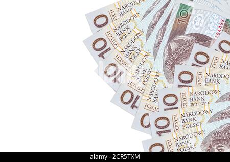 10 Polnische Zloty-Rechnungen liegen isoliert auf weißem Hintergrund mit Kopierraum. Reiche Leben konzeptuellen Hintergrund. Große Menge an Reichtum in der Landeswährung Stockfoto