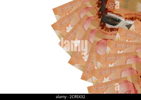 50 Kanadische Dollar Rechnungen liegt isoliert auf weißem Hintergrund mit Kopierraum. Reiche Leben konzeptuellen Hintergrund. Große Menge an Reichtum in der Landeswährung Stockfoto