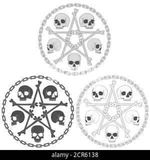 Vektor-Illustration von Schädeln mit Knochen stara umgeben von einem Kettenkreis, in Graustufen Stock Vektor