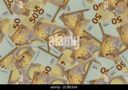 50 Euro Scheine liegen im großen Haufen. Reiche Leben konzeptuellen Hintergrund. Viel Geld Stockfoto