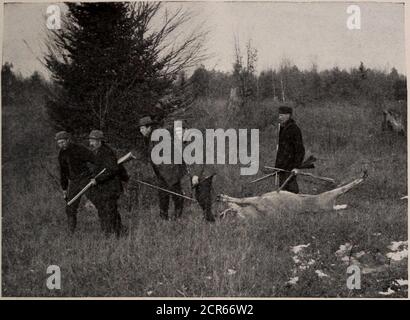 . Die Spielplätze von Kanada; eine kurze Abhandlung über Touristen-, Angel- und Jagdgebiete erreicht durch die Grand Trunk Railway System . ANGELN AUF DEM FRANZÖSISCHEN FLUSS 18 Grand Trunk Railway System. JÄGER, DIE MIT EINEM SCHÖNEN CAMP zurückkehren, in DER NÄHE DES WAWA HOTELS, LAKE OF BAYS über dem Katarakt gibt es Felsen, die den Bach mit intofive Gabeln teilen, jede so ungestüm und wild wie die Niagara Whirlpool Rapids, aber natürlich in einem kleineren Maßstab. Bei der Durchquerung der wichtigsten südlichen Kanal der Französisch, markwell die verschiedenen Inseln, die so ähnlich aussehen, wenn Sie nicht hoffnungslos verloren würde, wenn Sie versuchen, Stockfoto