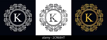 Goldbuchstabe K. Vintage Set schwarze, weiße und goldene Blumenornament Anfangsbuchstaben. Alphabet. Logo-Vektor Stock Vektor