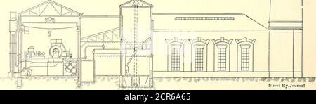 . Die Straßenbahn Zeitschrift . Street Ry.Journal QUERSCHNITT DES KRAFTWERKS während des Prozesses des Baus genommen. Die Arbeiten sind von besonders Interesse, da sie die erste Instanz einer großen Traktionsstation sind, die nur Dampfturbinen ausloten. Die Turbinen sind vom Typ Westing-House Parallelstrom, Dampf tritt in der Mitte des Singlecylinders ein und dehnt sich durch Reihen von Rotorblättern aus, um cham-ber an beiden Enden abzulassen. Jede Turbine hat ihre eigene Luftpumpe und 29. August 1903.] STREET RAILWAY JOURNAL. 381 Alberger Barometic Kondensator, während Kondensatorwasser aus zwei Klein Kühlung versorgt wird Stockfoto