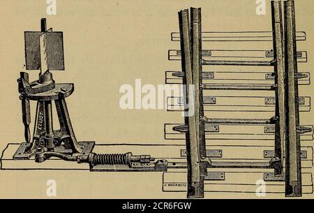 . Bau und Reparatur von Eisenbahnen . Abb. 115. BTUB-Schalter zeigt Kopfblöcke und Ground Throw für bewegliche Schalterschienen.3 Vol. 13 226 EISENBAHN BAUEN UND REPARIEREN. England seit 1830 und kommt nun in den Vereinigten Staaten in den generalen Einsatz. Der LorenzSwitch und der Clarke-Jeffrey Switch sind Splitschalter. Abb. 116 veranschaulicht diesen Stil. Der. Abb. 116. GETEILTER SCHALTER. Mit Pony Switch Stand. – geeignet für Werften. Dritte Klasse von Schaltern ist für spezielle Zwecke konzipiert; sind durch Patente geschützt und sie zielen meist darauf ab, eine durchgehende Schiene für die Hauptleitung zu geben. MacPhersons verbesserter Sicherheitsschalter undFro Stockfoto
