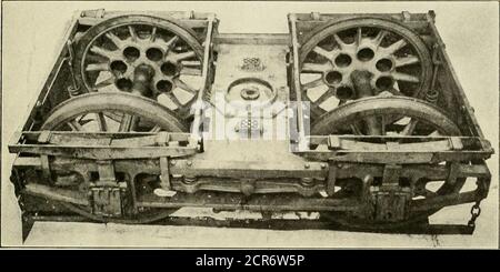 . Amerikanischer Ingenieur und Eisenbahn Zeitschrift . ausgestattet sein, um einphasigen Wechselstrom zu verwenden, Und die Züge werden von elektrischen Lokomotiven betrieben, die Strom aus einer Überkopfbahn nehmen. Von der Westinghouse Electric & Manufacturing Company.Wenn es gewünscht wird, schwerere Züge als oben angeführte zu handhaben, können zwei oder mehr Lokomotiven miteinander verbunden und als eine Einheit betrieben werden. Jede Lokomotive misst 36 ft. 4 ins.Over Stoßstangen, und wiegt etwa S5 Tonnen. Sie sind, wie in der Abbildung zu sehen ist, auf zwei Lastwagen montiert, jeweils mit vier 62-Zoll-Antriebsräder. Matte, 1906. AMER Stockfoto