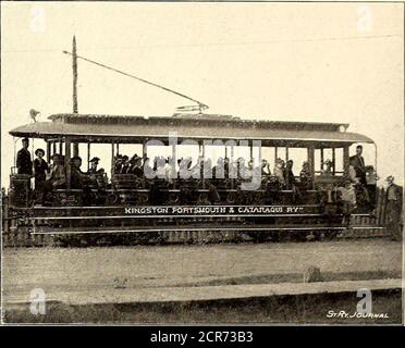 . Die Straßenbahn Zeitschrift . IRA A BRECK. IRESMENT KIX(.;STON, ]ORTSMOUTHIT C.TARAQUI RAILWAY CO.. DOPPELTRUCK-OFFENES AUTO. Wurden von der St. Thomas Car Wheel Company eingerichtet, noch sind keine Räder abgenutzt, in einem Dienst von Achtzigenmonaten für fünf Autos, und zwei Monate für sieben Autos. Es werden Newhaven-Register und Kaffeekanne-Fareboxes verwendet. Die Motorausrüstung ist von der W. P. 50 und G.E. 800 Typen, mit Typ K Steuerungen, hergestellt von der Canadian General Electric Company. Der Schnee Stockfoto