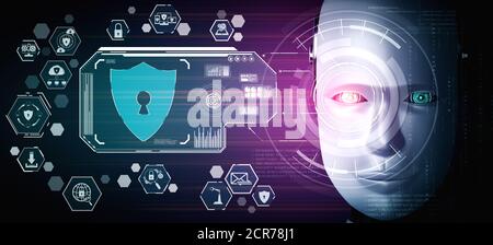 KI-Roboter mit Cyber-Sicherheit zum Schutz der Privatsphäre von Informationen . Futuristisches Konzept der Cyberkriminalität Prävention durch künstliche Intelligenz und Maschine Stockfoto