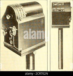. Elektrische Eisenbahn Zeitschrift . Er Leiter. Da der Passagier seinen Tarif bezahlt, wird der Betrag mit einem Pedal registriert. Der registrierte Betrag wird dem Passagier klar angezeigt, die Nummer der Zone, in die der Passagier seinen Tarif zahlt, wird angegeben und die Transaktion wird in gedruckter Form aufgezeichnet. Das Register wird alle Bargeld im Wert von bis zu 99 Cent, zusammen mit den notwendigen nicht-Bargeld-Bezeichnungen wie Tickets, Pass, Transfer, etc. Die Konstruktion ist so angeordnet, dass das Register kann bequickly aus der Stützsäule entfernt, wenn Sie möchten und am anderen Ende des Autos, wo ein simil platziert Stockfoto