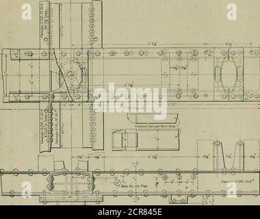 . Amerikanischer Ingenieur und Eisenbahnjournal . Arings Vorsorge für die Exzentrizität des Entwurfs und Schwabbelspannungen in der üblichen Konstruktion führten zur Beschäftigung der Stahlzugschweller, die 6-in. Kanäle sind, ununterbrochen zwischen den Stützen. Die Ausziehungen der Zuggetriebe- und Karosseriewangen veranschaulichen die Anordnung dieser Teile in Bezug auf die Stahlzugschweller. Die Bretter und der Boden; wenn Norwegenkiefer verwendet worden wäre, wie in-tended, wäre das Gewicht von 1,500 bis 2,000 lbs.„weniger gewesen. Das Gewicht und seine Verteilung ist wie folgt: Gewicht des Körpers, leicht 36,700 lbs. Gewicht von Stockfoto