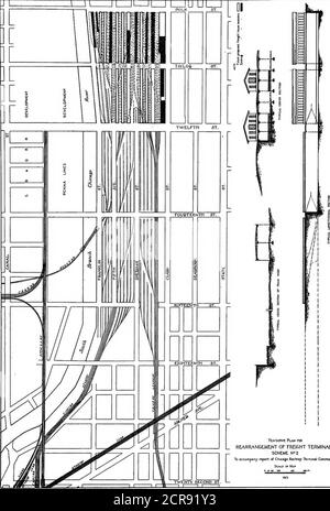 . Vorläufiger Bericht, Chicago Railway Terminal Commission . Straße. Die bestehende Überquerung des Lake Shore & Michigan Southernand Chicago, Rock Island & Pacific mit der Western Indiana Gleise ebenfalls beseitigt, und die Besetzung durch Bahnterminals wird auf das Gebiet westlich der Clark Street neu eingeengt. In dieser Anordnung werden die bestehenden Güterhausstandorte westlich der Clark Street und nördlich der Zwölften Straße gepflegt und die Möglichkeiten zukünftiger Standorte in diesem Gebiet dargestellt.südlich der Zwölften Straße wird das Gebiet von Teamgleisen besetzt, das in dieser la fortlaufende Prinzip Stockfoto