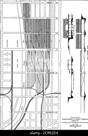 . Vorläufiger Bericht, Chicago Railway Terminal Commission . ly durch das Terminal und über den Fluss. BetweenDearborn Street and the River und nördlich der Sixteenth Street, würden die estreets auf Viadukt auf der gleichen Ebene wie die Flussbrücken sein, so dass die Besetzung des Raumes darunter mit railroadtracks. Östlich von Dearborn und südlich der Sixteenth Street würden die Straßengraden absteigen, um mit bestehenden Straßenebenen zu verbinden. In diesem Schema Eisenbahnbesetzung beschränkt sich auf das territorywestlich von Dearborn Street und erstreckt sich nach Norden zu Polk Street, mit Ausnahme der B. & O. Faci Stockfoto