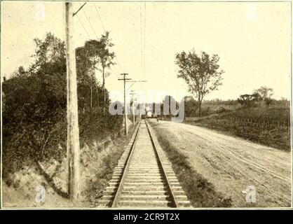 . Die Straßenbahn Zeitschrift . SEITLICHE ANHEBUNG DER HILFSLEITUNGEN AM KRAFTWERK. ANSICHT AN DER SPITZE VON 3.8 PROZENT GRAD 2600 FT. LANGE unterhalb der Spitze des Bluffs. Unter dem Boden befindet sich ein Kiesbett, und ausreichend Wasser, um die Brennwertanlage zu bewässern, wird ohne den Aufwand einer großen Rohrleitung zum Bach durch den Antrieb von zwei Brunnen mit einem Durchmesser von ca. 16 Fuß und einer Tiefe von 18 Fuß erreicht. Die Stromversorgung besteht aus zwei 250-h.p. Buckeyetriebwerke, die jeweils direkt an einen Siemens &Halske 250-kw. Generator gekoppelt sind. Die Motoren sind Tandem-Pfund, mit Zylindern 15 Zoll und 28 i Stockfoto