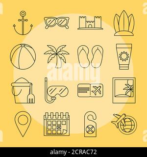 Sommerurlaub Reise, Tourismus Erholung Set Symbole enthalten Ball Palme Schnorchel Obst und Ticket, lineare Stil Vektor Illustration Stock Vektor