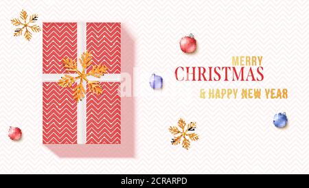 Grußkarte mit Geschenkbox, goldenen Schneeflocken und Weihnachtskugeln. Weihnachtskarte mit Zick-Zack-Muster. Vektor-3d-Illustration. Stock Vektor