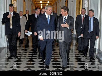 Am 26. März 2009, Geithner traf mit dem australischen Premierminister Kevin Rudd im Treasury. Stockfoto